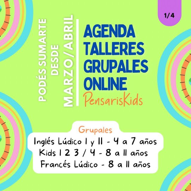 ⚠️¡Abrimos inscripciones para 2023! Súmate a nuestros talleres online 💻🌈

👉🏼Deslizando vas a encontrar los talleres y horarios

⭐Inglés Lúdico Nivel 1 y 2 (4-7 años)/ Kids Niveles 1, 2, 3 (8-11 años)
⭐Francés Lúdico (a partir de los 8 años)
⭐Italiano Lúdico (a partir de los 8 años)

✏️En nuestra biografía vas a encontrar el link para inscribir a tu peque!
➕Más info en: www.pensaris.com.ar

#inglesludico #talleresparaniños #talleresparachicos #inglesonlineparaniños #englishonlineforkids #argentina #academiadeidiomas #frenchforkids #englishforteens #inglesadolescentes